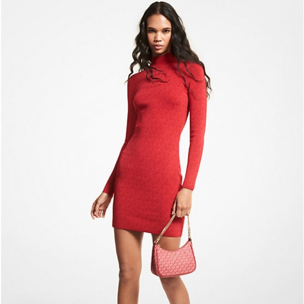 Michael Kors Jacquard Long Sleeve Logo Red Dress